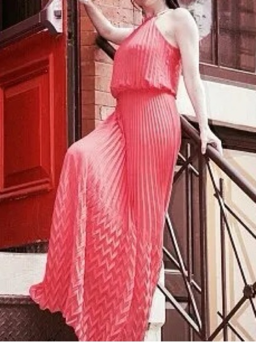 Guess Coral Halter Pleated Maxi Dress